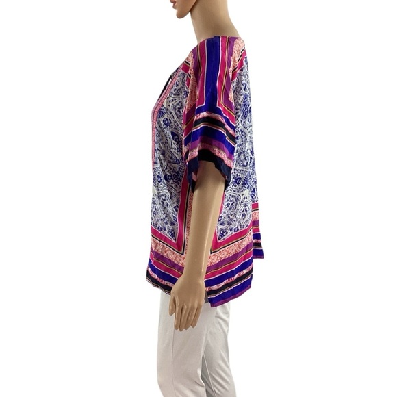 Trina Turk Floria Tunic Silk Boho Print V-Neck Top Pink Blue Size M - Picture 4 of 7